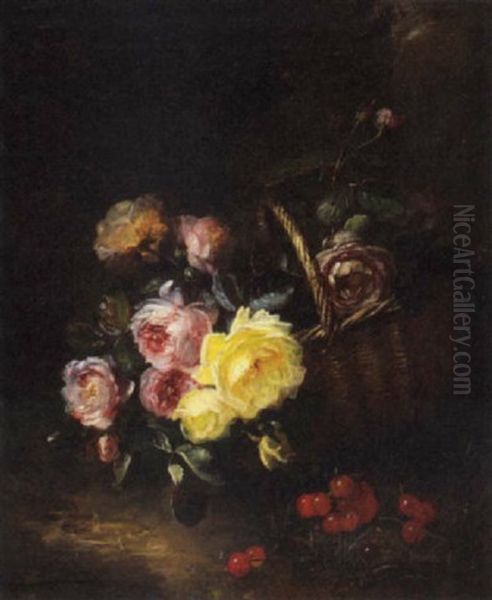 Roses In A Basket With Cherries Alongside - view 1