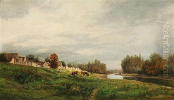 Troupeau Pres D'un Village A La Riviere - view 1