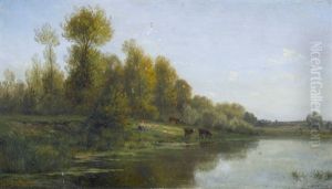 Hirtin Mit Kuhen Am Sommerlichen Weiher