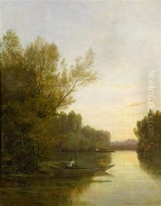 Weite Flusslandschaft Mit Einem Fischer Auf Seinem Boot
