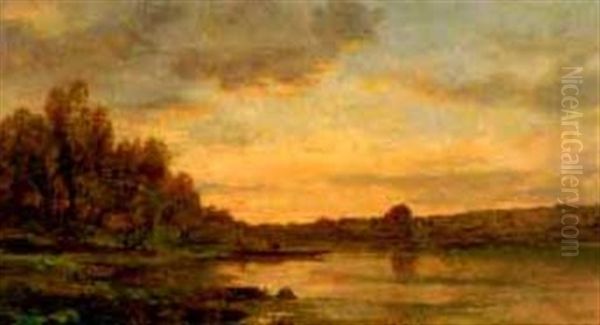 Sunset Over River With Barge And Figures - view 1