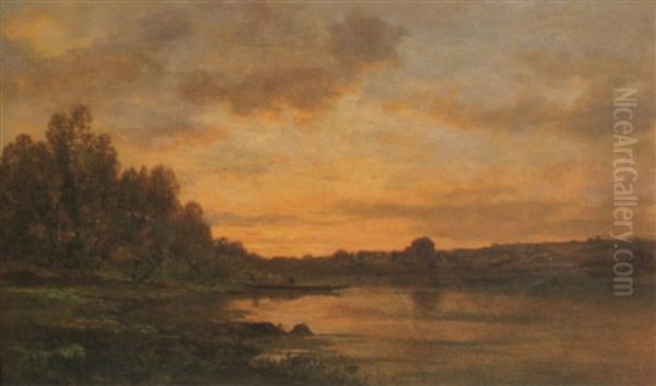 Sunset Over River With Barge And Figure - view 1