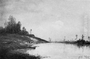 Barque Et Lavadiere En Bord D'etang by Jules Charles Rozier