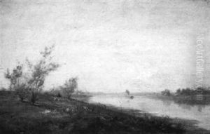 Herder And Flock By The Banks Of A River