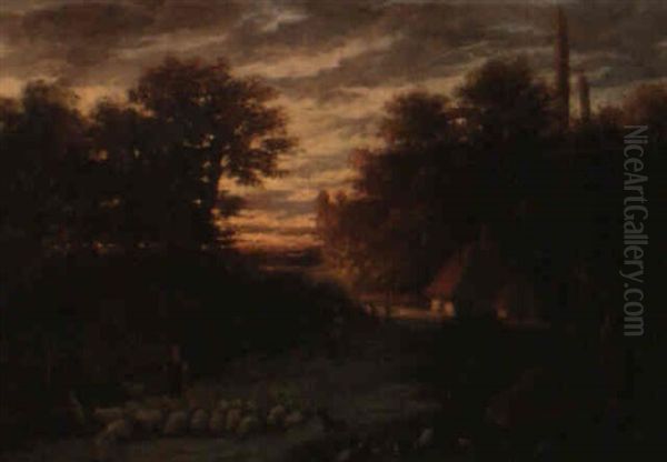 Hirten Mit Ihrer Schafherde Bei Sonnenuntergang - view 1