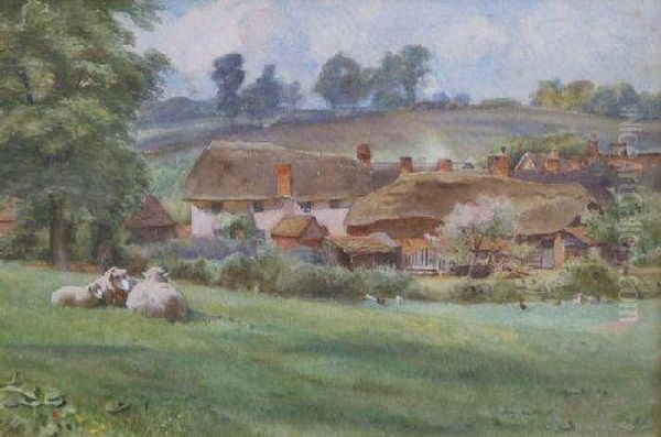 Landscape Withthatched Cottages And Sheep In Foreground - view 1