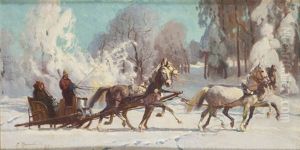 Winter Landscape - Sleigh Party by Zygmunt Rozwadowski