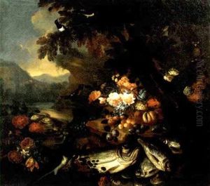 Garofani, Rose, Campanule, Prugne, Albicocche Ed Altri Frutti, E Pesci In Primo Piano, En Plein Air by Felice Rubbiani