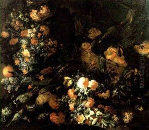 Ghirlanda Di Fiori E Cesto Di Melograni, En Plein Air by Felice Rubbiani