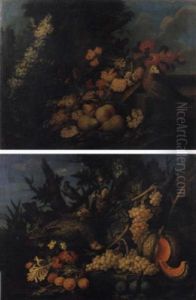 Pere, Pesche, Rose Ed Altri Fiori In Un Piatto Di Paglia Che Poggia Su Un Piano Di Pietra Con Un Pappagallo by Felice Rubbiani