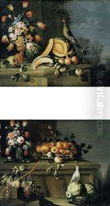 Vaso Di Fiori, Meloni, Frutta E Uccello by Felice Rubbiani