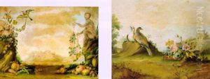 Coniglio Con Scimmia, Uccello, Fiori E Frutta In Un Paesaggio Con Una Citta Sullo Sfondo by Felice Rubbiani