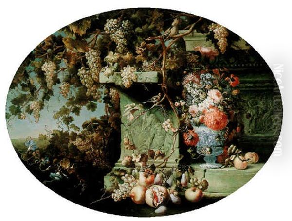 Still Life Of Vines Laden With Grapes, Classical Altars, Fruit, Flowers And Exotic Birds - view 1