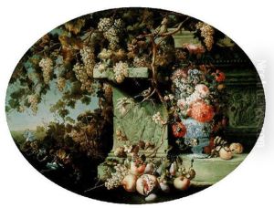 Still Life Of Vines Laden With Grapes, Classical Altars, Fruit, Flowers And Exotic Birds by Felice Rubbiani