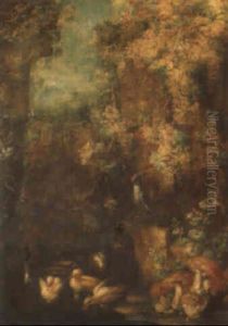 Woodland Clearing With Ducklings And A Woodpecker Beside A Pool by Felice Rubbiani