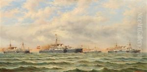 Royal And Imperial Summer Squadron Travelling To Great Britain, Denmark And Germany In The North Sea, 1890 - The Ships Crown Princess Stephanie, Crown Prince Rudolf, Tiger And Emperor Franz Joseph I by Ludwig Rubelli Von Sturmfest