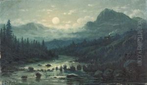 Nachtliche Flusspartie Im Gebirge Bei Vollmond