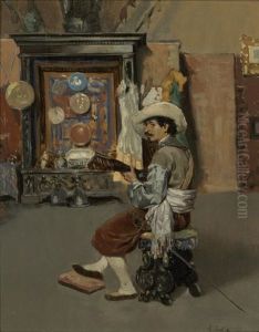 Interieur Mit Gitarrenspieler In Spanischer Tracht