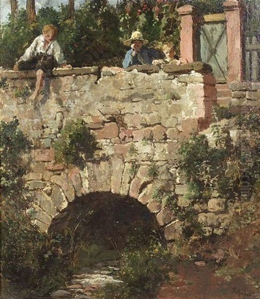 Drei Kinder Vertreiben Sich Die Zeit An Einer Steinbrucke - view 1