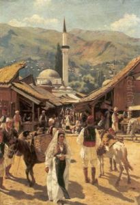 Bazar In Einem Bosnischen Dorf by Franz Leo Ruben