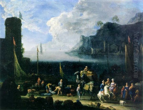A Mediterranean Harbour With Merchants Unloading Cargo And Elegant Travellers On A Quay, At Sunset - view 1