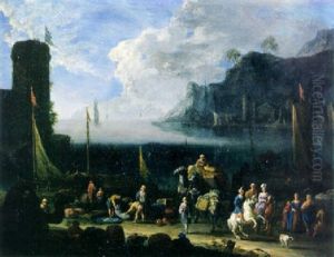 A Mediterranean Harbour With Merchants Unloading Cargo And Elegant Travellers On A Quay, At Sunset
