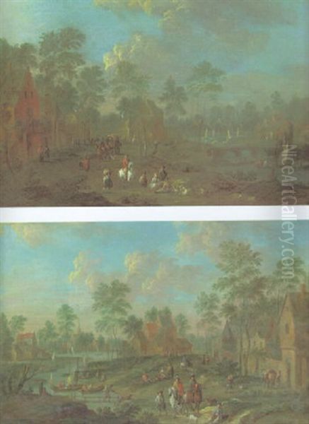 River Landscape With Travellers In A Village - view 1