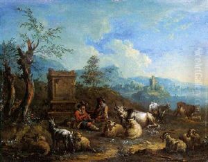 Shepherds Resting Near A Classical Tomb In An Italianate Coastal Landscape by Arnold Frans (Francesco) Rubens