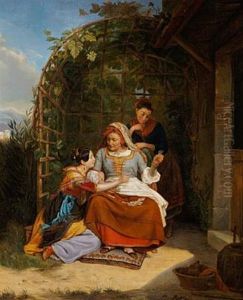 Two Young Italian Girls And A Fortune Teller by Luigi Rubio