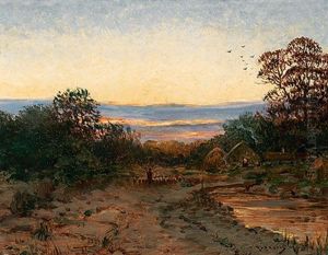 Heimkehrende Schafherde In Abendlicher Landschaft