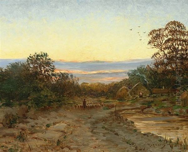 Abendlandschaft Mit Gehoft Und Heimkehrendem Schafer - view 1
