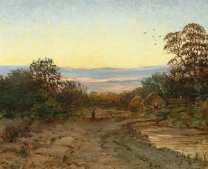 Abendlandschaft Mit Gehoft Und Heimkehrendem Schafer