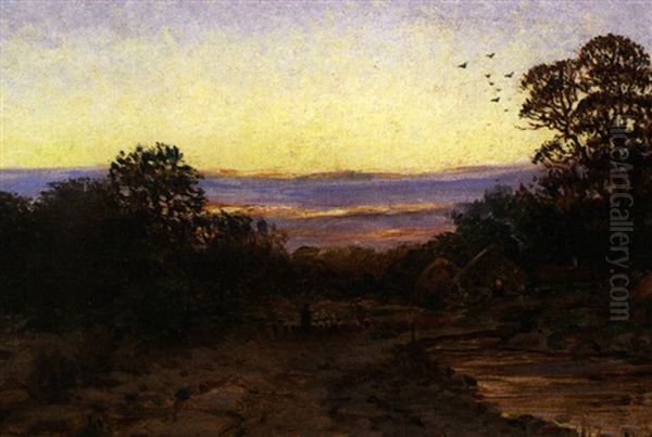 Abendliche Landschaft Mit Teich, Reetgedeckten Anwesen Und Schafrherde Auf Dem Heimweg - view 1