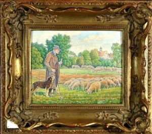 Hirte Mit Weidender Schafherde Hirte Mit Weidender Schafherde