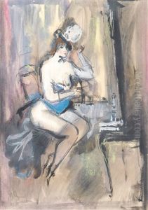 Revue Girl In A Blue Corsage In Front Of A Dressing Table by Konstantin Ivanovich Rudakov