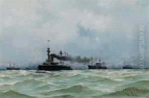 French Battleships At Sea by Henri Edmond Rudaux