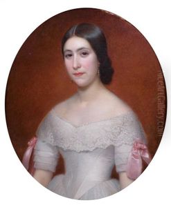 Portrait De Jeune Fille En Robe Blanche Ornee D'une Rose by Sophie Fremiet Rude
