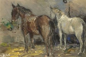 Zwei Pferde Im Stall by Carl Ruedell