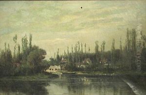 A River Landscape With Poplars Along The River Bank