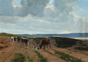 Landscape With Grazing Cows And Dog by Albert Ruedinger
