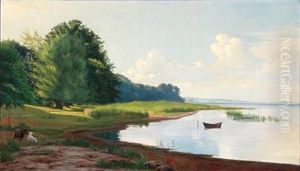 Summer Idyll At A Bay With Grazing Sheep by Albert Ruedinger