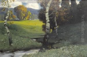 Herbstlandschaft Mit Birken An Einem Bach by Eduard Ruedisuehli