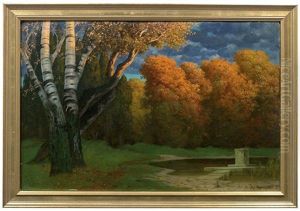 Herbstliche Parklandschaft Mit Einem Postament Am Weiher