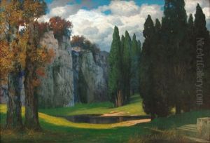 Teich Im Wald Mit Felswand by Eduard Ruedisuehli