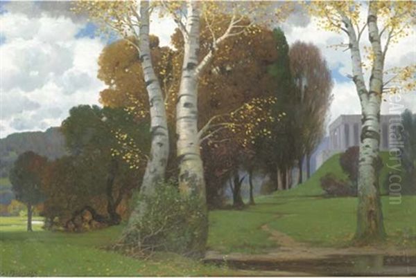 Park With Birches And A Temple Building - view 1
