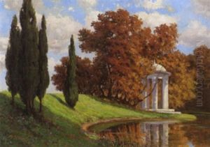 Landschaft Mit Kleinem Tempel Am Teich