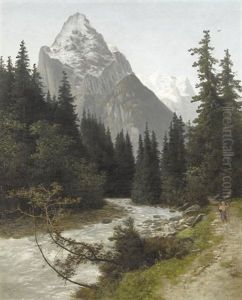 Knabe Am Reissenden Bach Vor Well- Und Wetterhorn by Jakob Lorenz Ruedisuehli