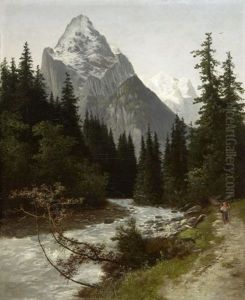 Wandernder Knabe An Einem Bach Im Gebirge by Jakob Lorenz Ruedisuehli