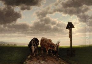 Bauerin Mit Zwei Ochsen Am Wegkreuz by Traugott Hermann Ruedisuehli