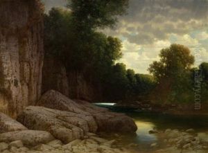 Flusslandschaft Mit Felsen Im Vordergrund by Traugott Hermann Ruedisuehli